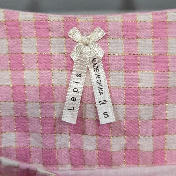 Vintage Y2K Lapis Pink Gingham Skirt Small Belted Gold Metallic Plaid Coquette - Picture 8 of 10